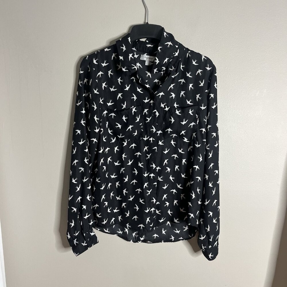 Olsenboye Size Small Chiffon Swallow Black Sheer Button Blouse Collared Top